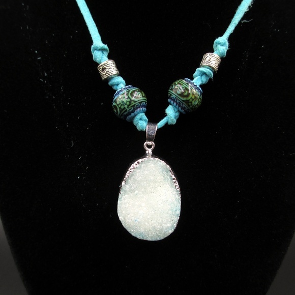 Jewelry - Blue Crystal Stone Leather Cord Necklace Hangs 15"